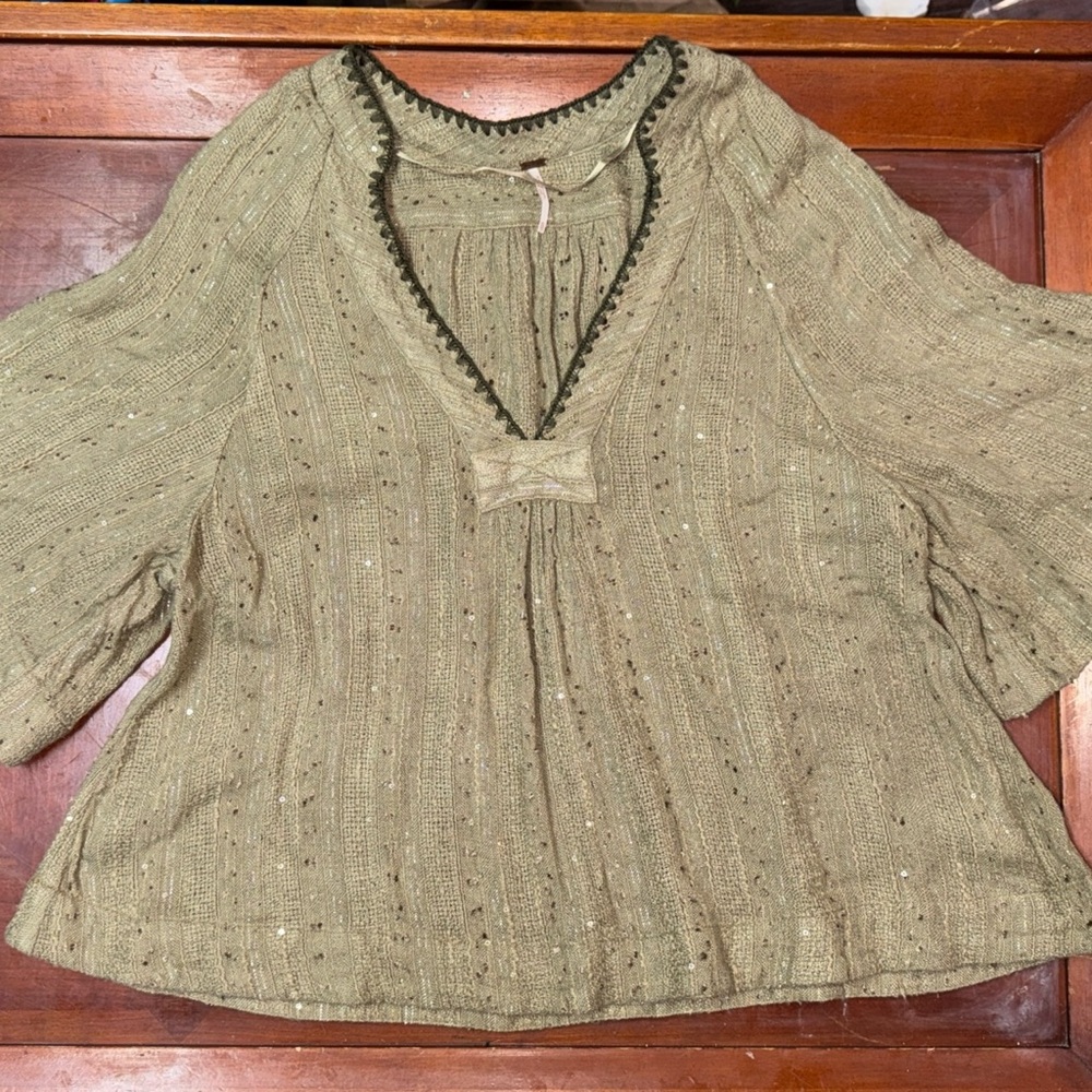 Free People Tunic Top Women’s XS Get Over It Blouse Green Textured Sequin